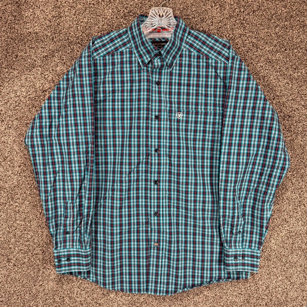 Ariat Pro Series Shirt Mens M Blue Plaid Armpit Vents Western Cowboy Rodeo
